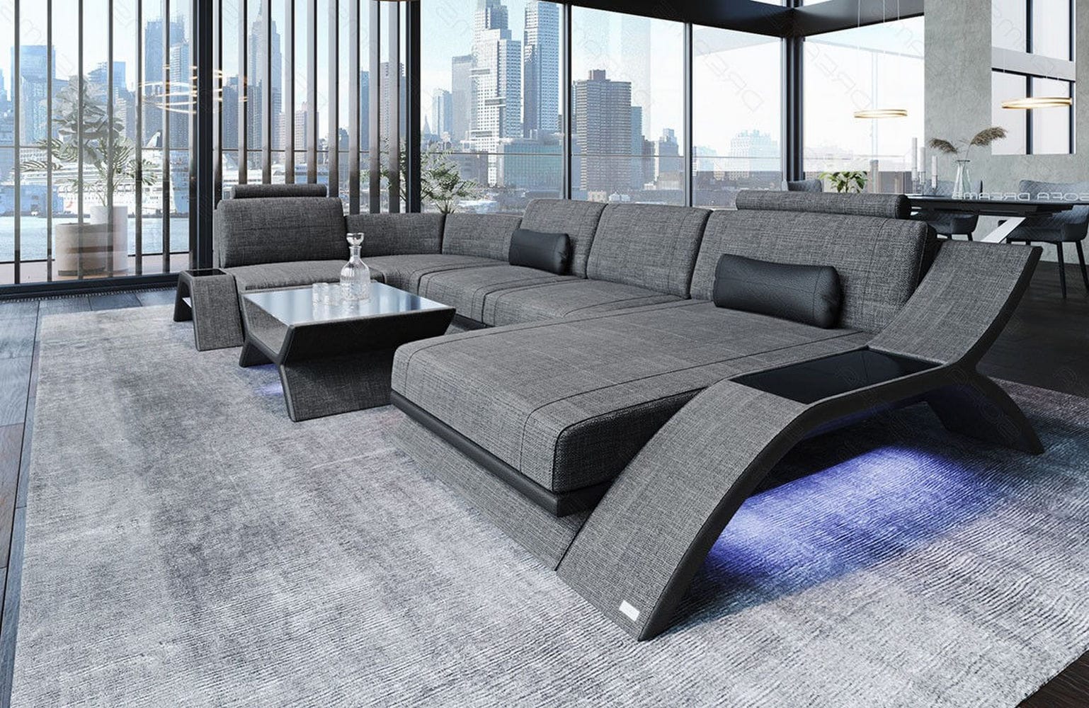 Stoff Wohnlandschaft Calabria U-Form grau-schwarz