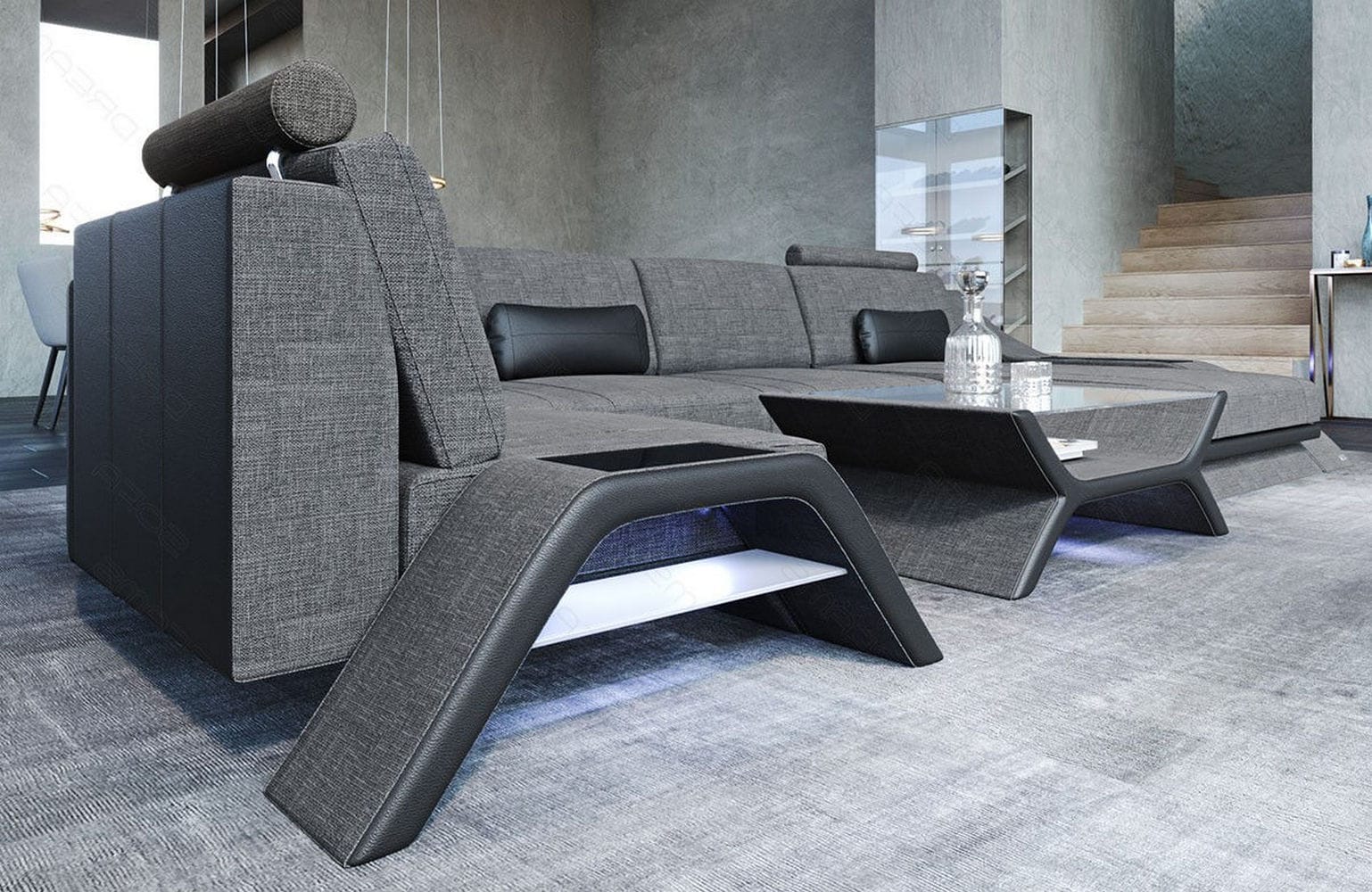 Stoff Wohnlandschaft Calabria U-Form grau-schwarz