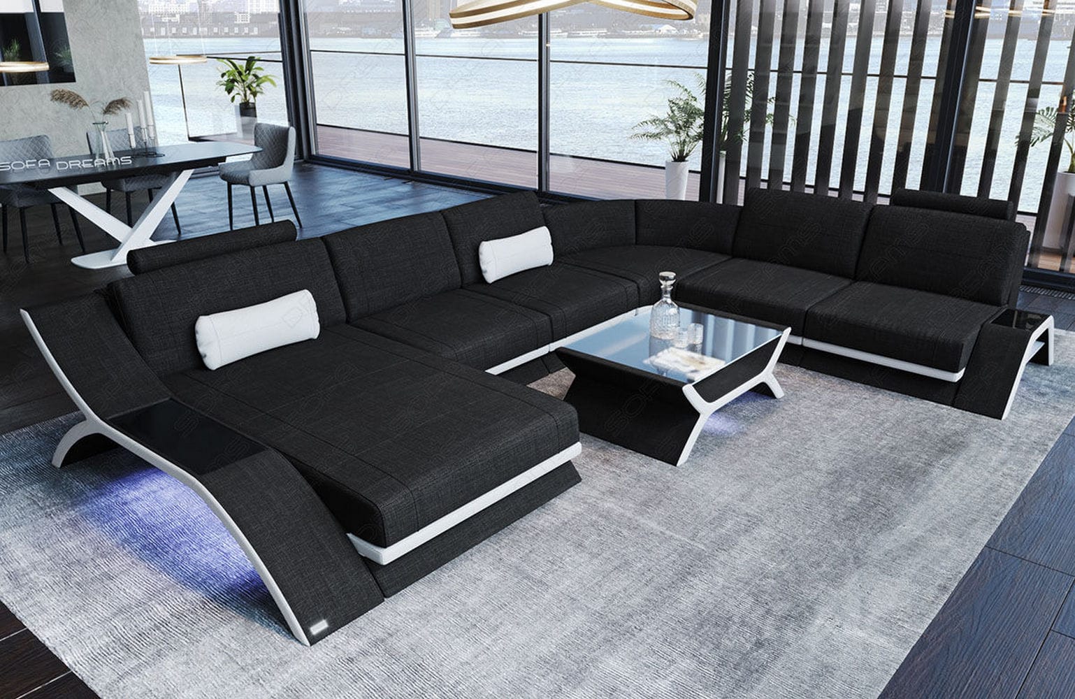 XXL Wohnlandschaft Calabria U-Form aus Stoff schwarz-weiß