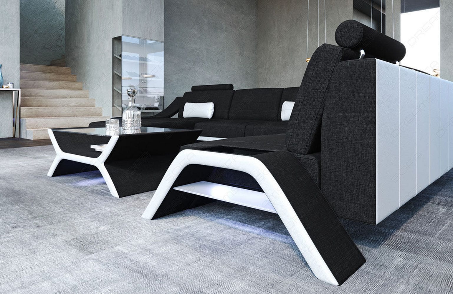 XXL Wohnlandschaft Calabria U-Form aus Stoff schwarz-weiß