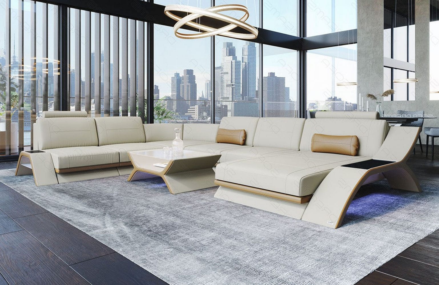 XXL Wohnlandschaft Calabria U-Form aus Stoff elfenbein-sandbeige