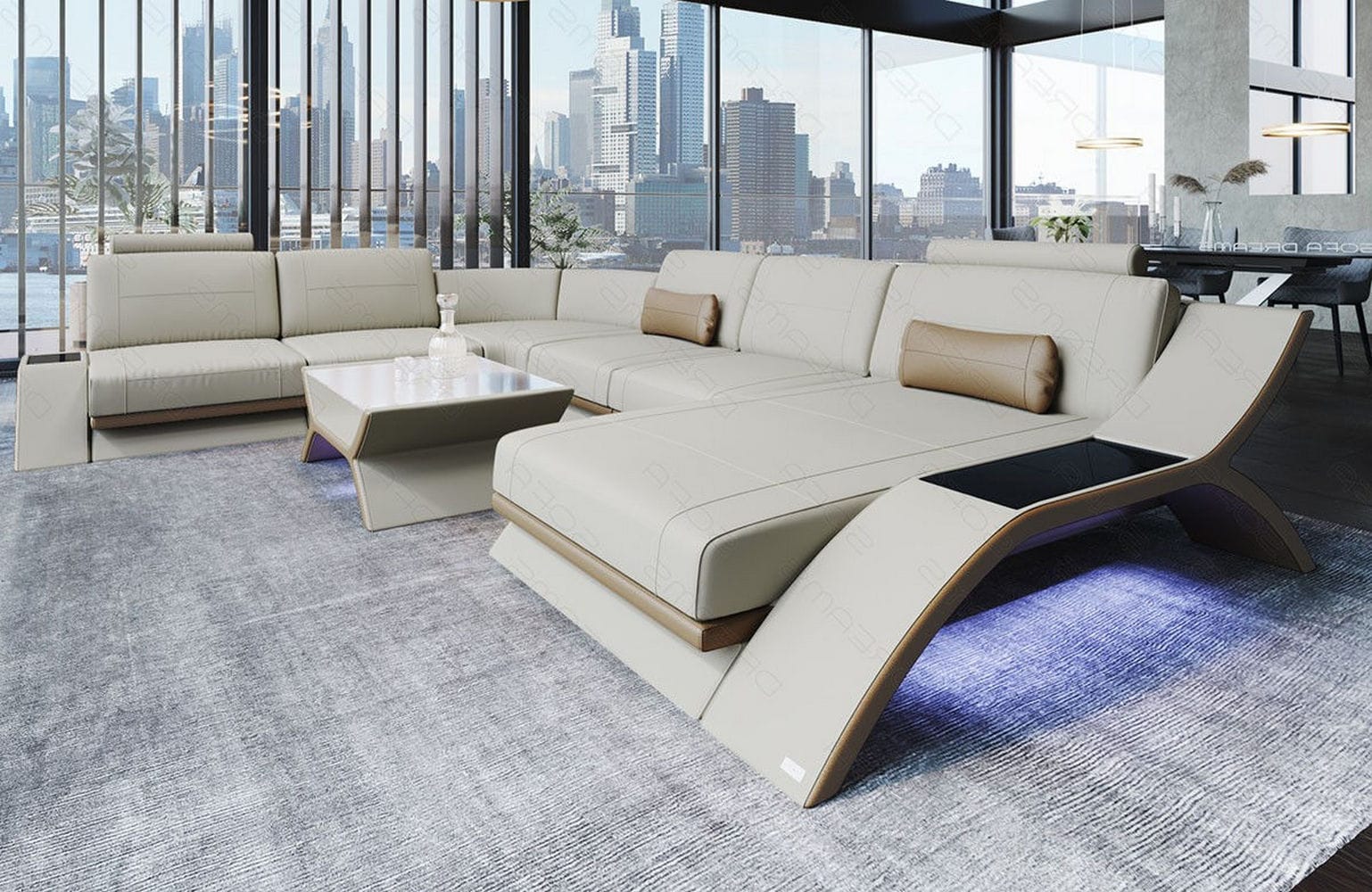 XXL Wohnlandschaft Calabria U-Form aus Stoff elfenbein-sandbeige