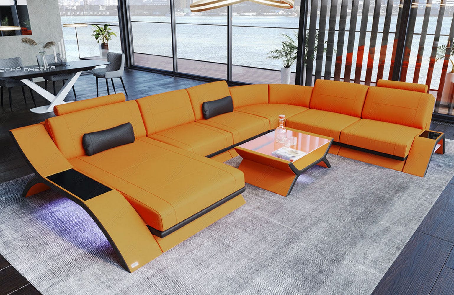 XXL Wohnlandschaft Calabria U-Form aus Stoff Apricot-Schwarz