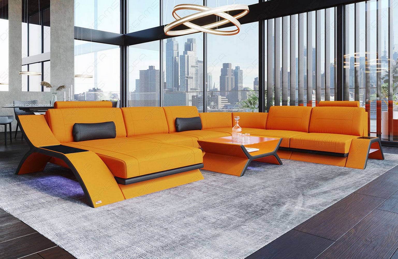 XXL Wohnlandschaft Calabria U-Form aus Stoff Apricot-Schwarz