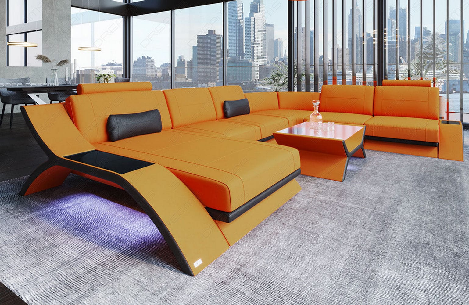 XXL Wohnlandschaft Calabria U-Form aus Stoff Apricot-Schwarz