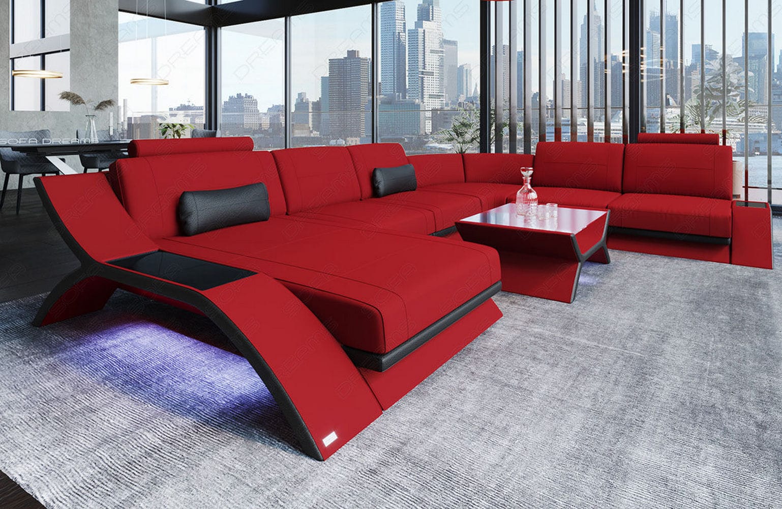 XXL Wohnlandschaft Calabria U-Form aus Stoff Rot-Schwarz