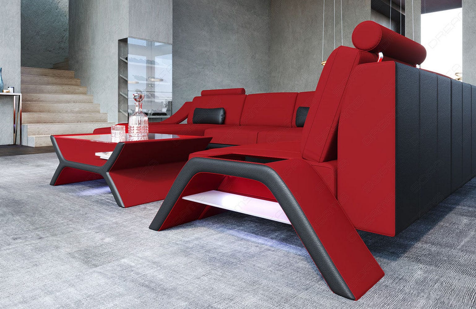 XXL Wohnlandschaft Calabria U-Form aus Stoff Rot-Schwarz