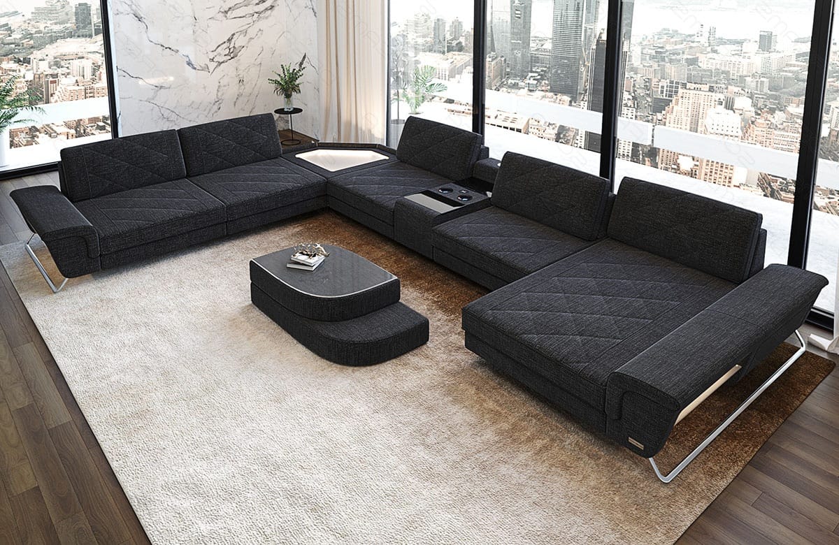 XXL Wohnlandschaft Ferrara U-Form aus Stoff schwarzgrau-schwarz