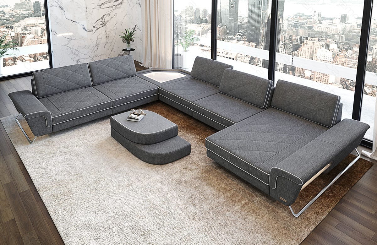 XXL Wohnlandschaft Ferrara U-Form aus Stoff Grau-Weiß