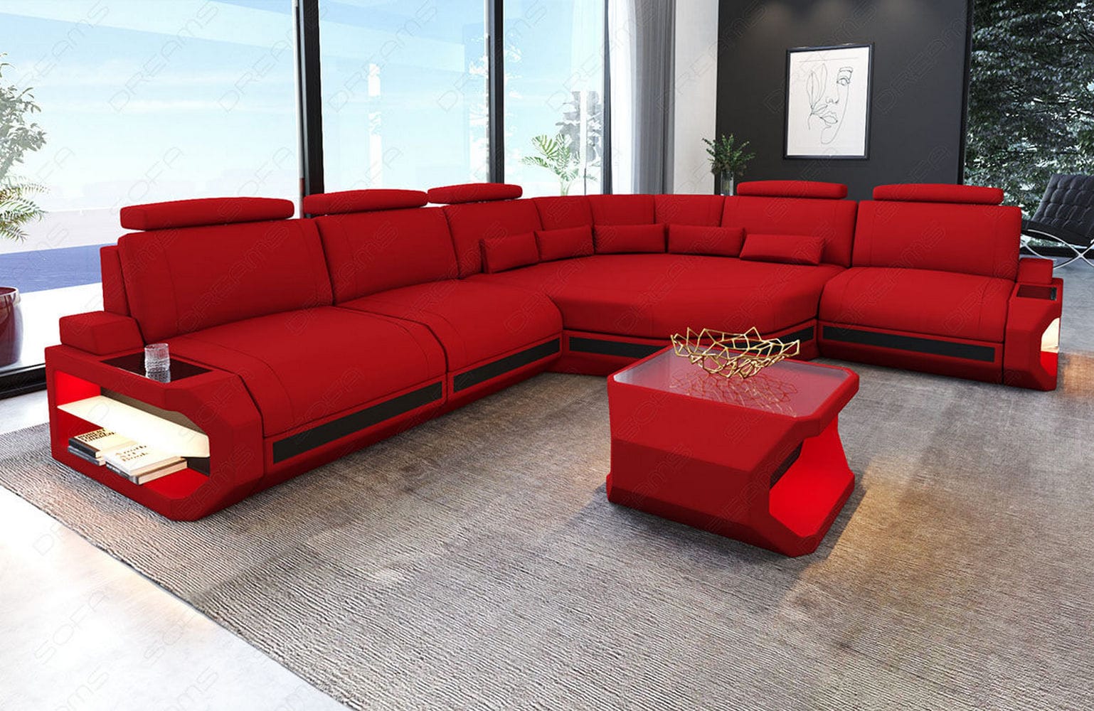 Stoffsofa Asti L-Form – Komfort & Stil Rot-Schwarz