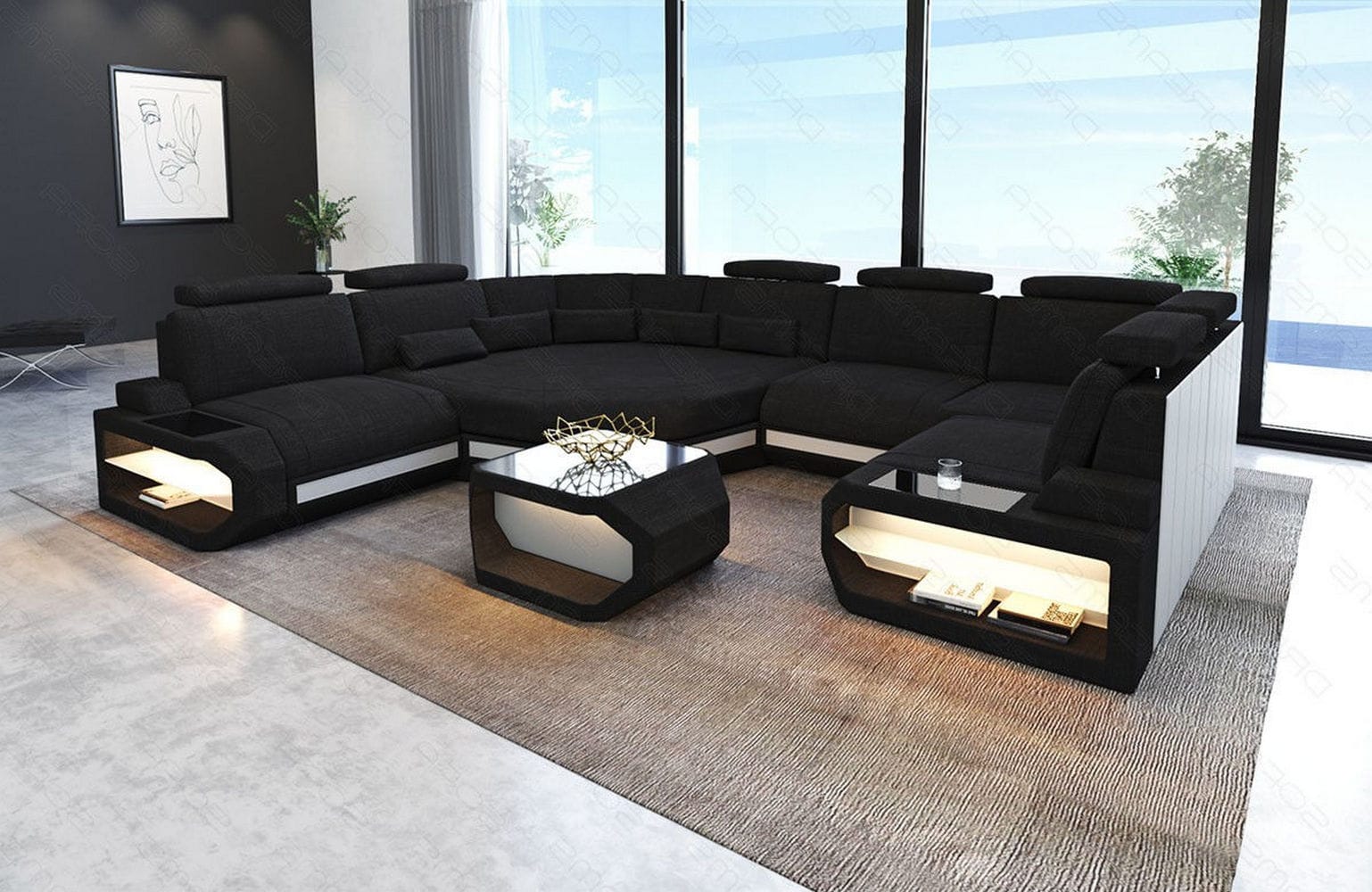 Mini Wohnlandschaft Asti U-Form aus Stoff Schwarz-Weiß