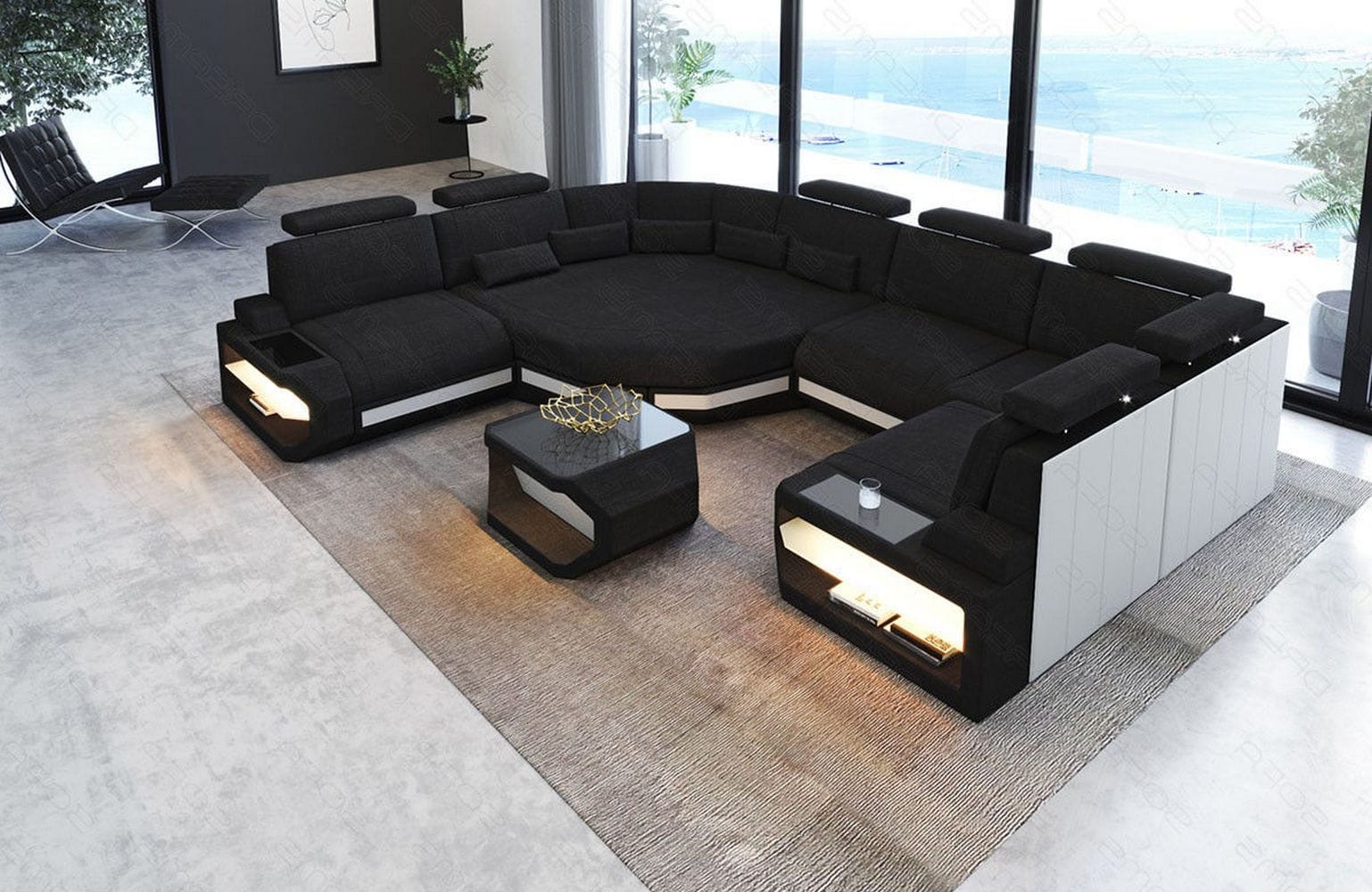 Mini Wohnlandschaft Asti U-Form aus Stoff Schwarz-Weiß