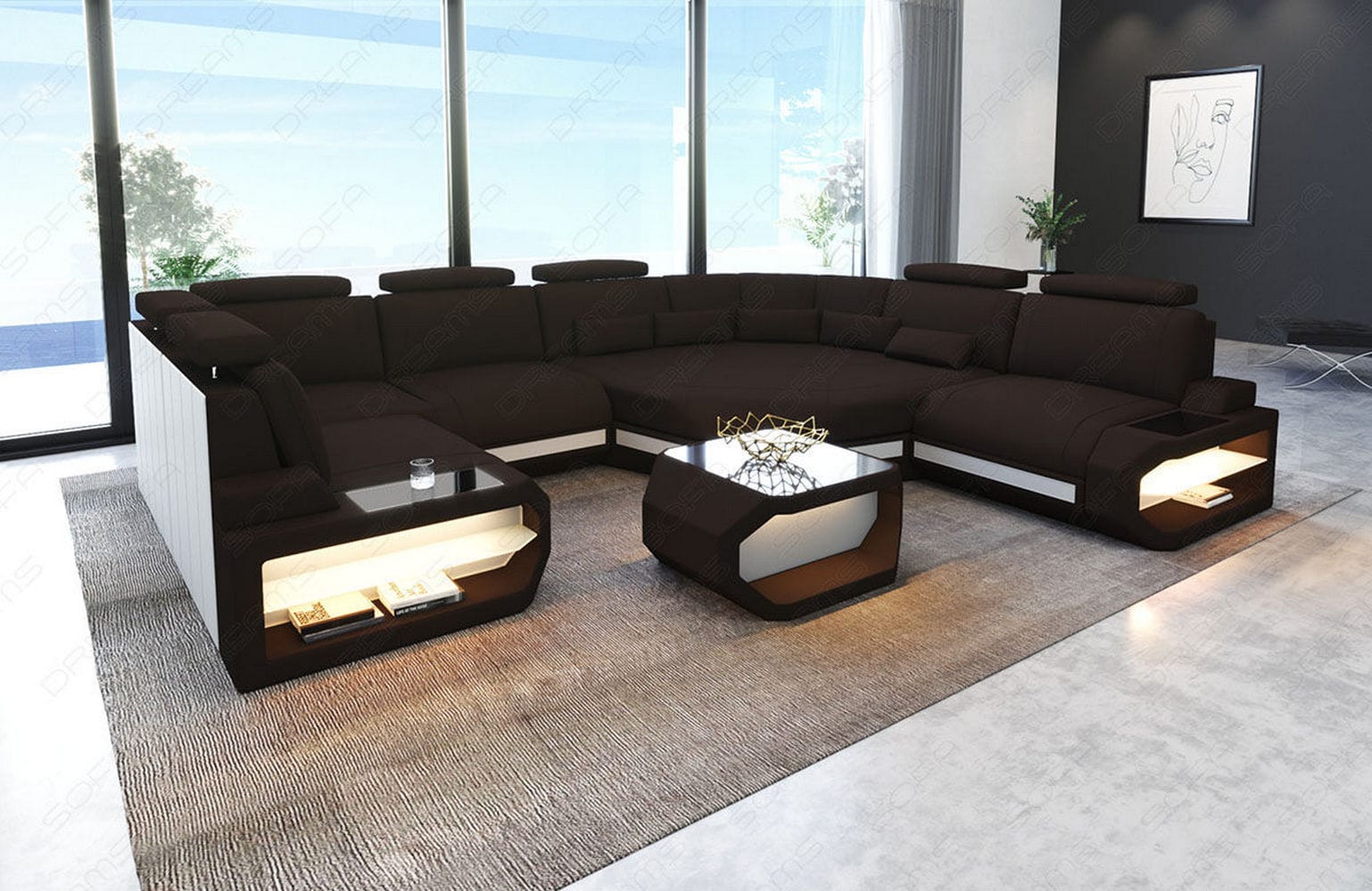 Mini Wohnlandschaft Asti U-Form aus Stoff Mokka-Weiß