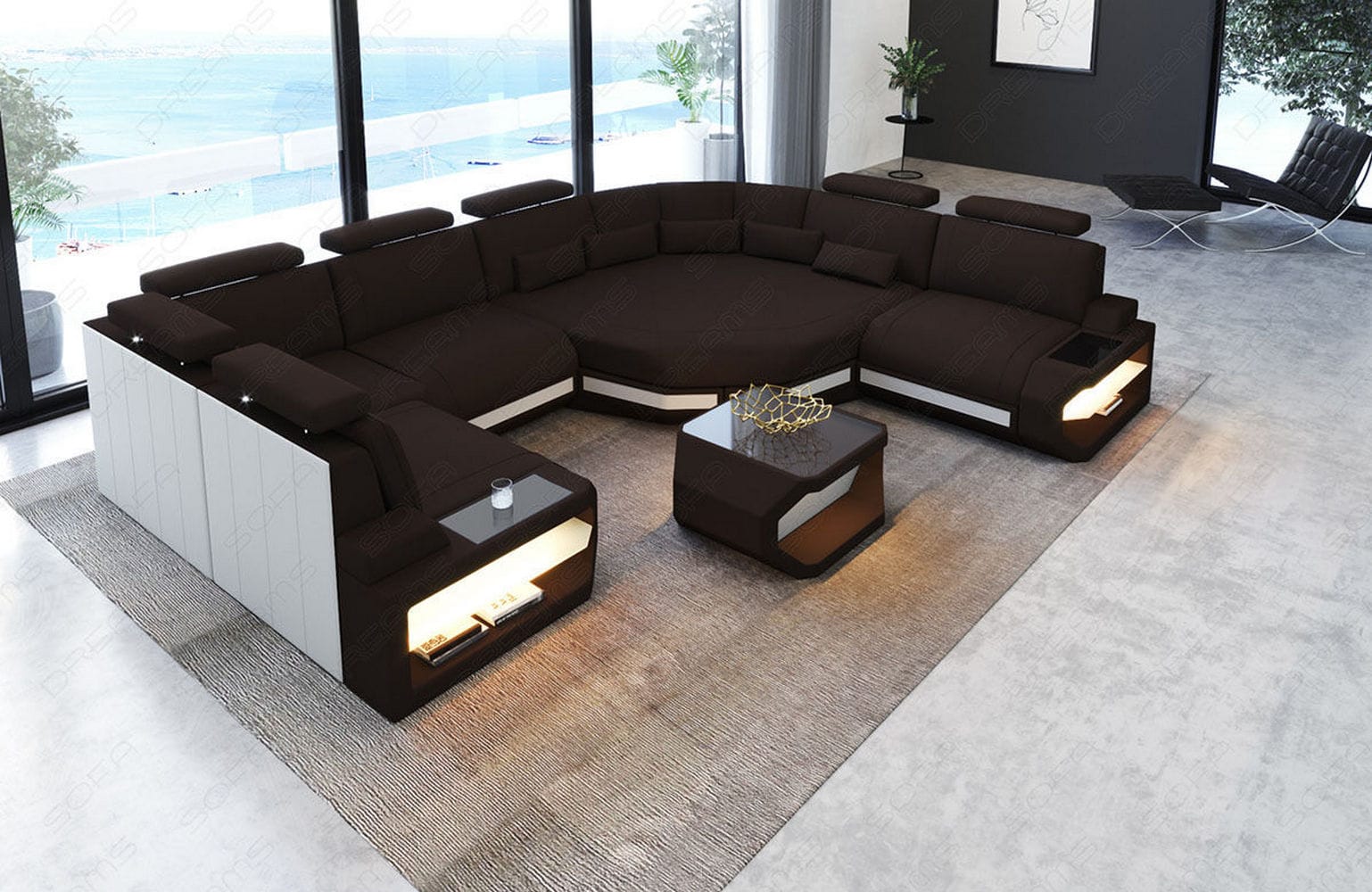 Mini Wohnlandschaft Asti U-Form aus Stoff Mokka-Weiß