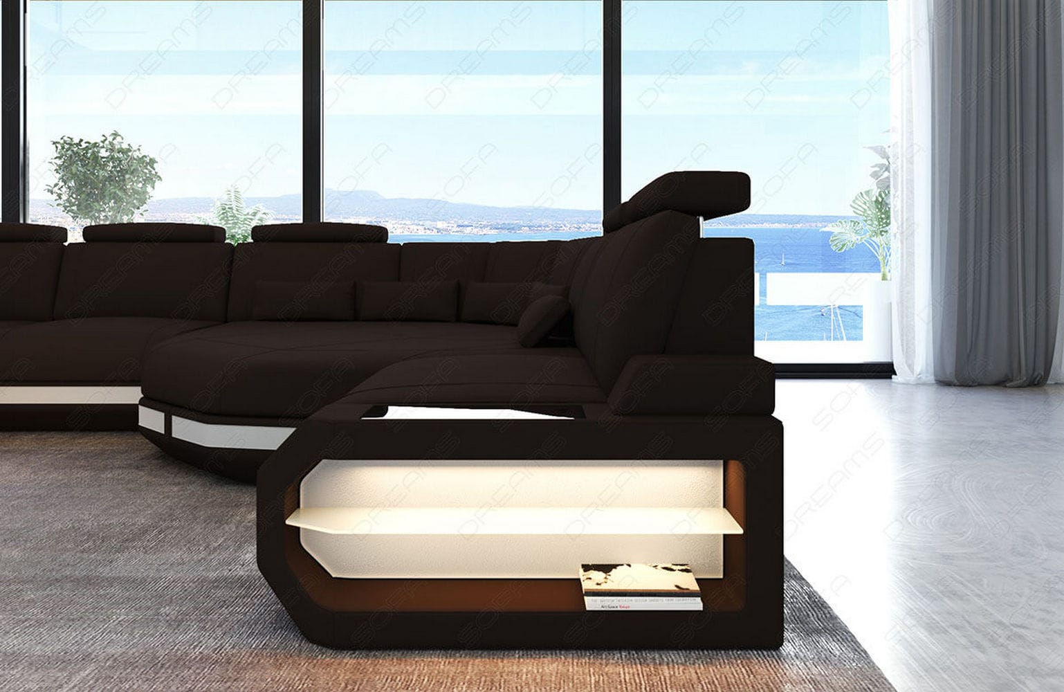 Mini Wohnlandschaft Asti U-Form aus Stoff Mokka-Weiß