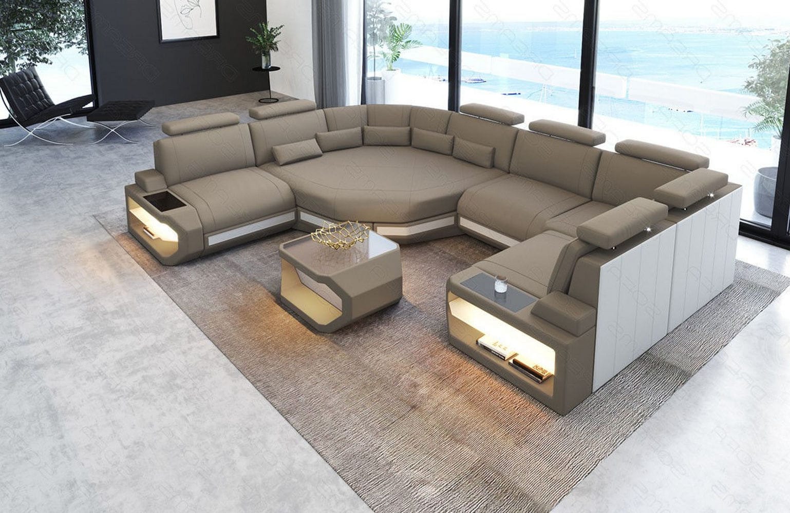 Mini Wohnlandschaft Asti U-Form aus Stoff Taupe-Weiß