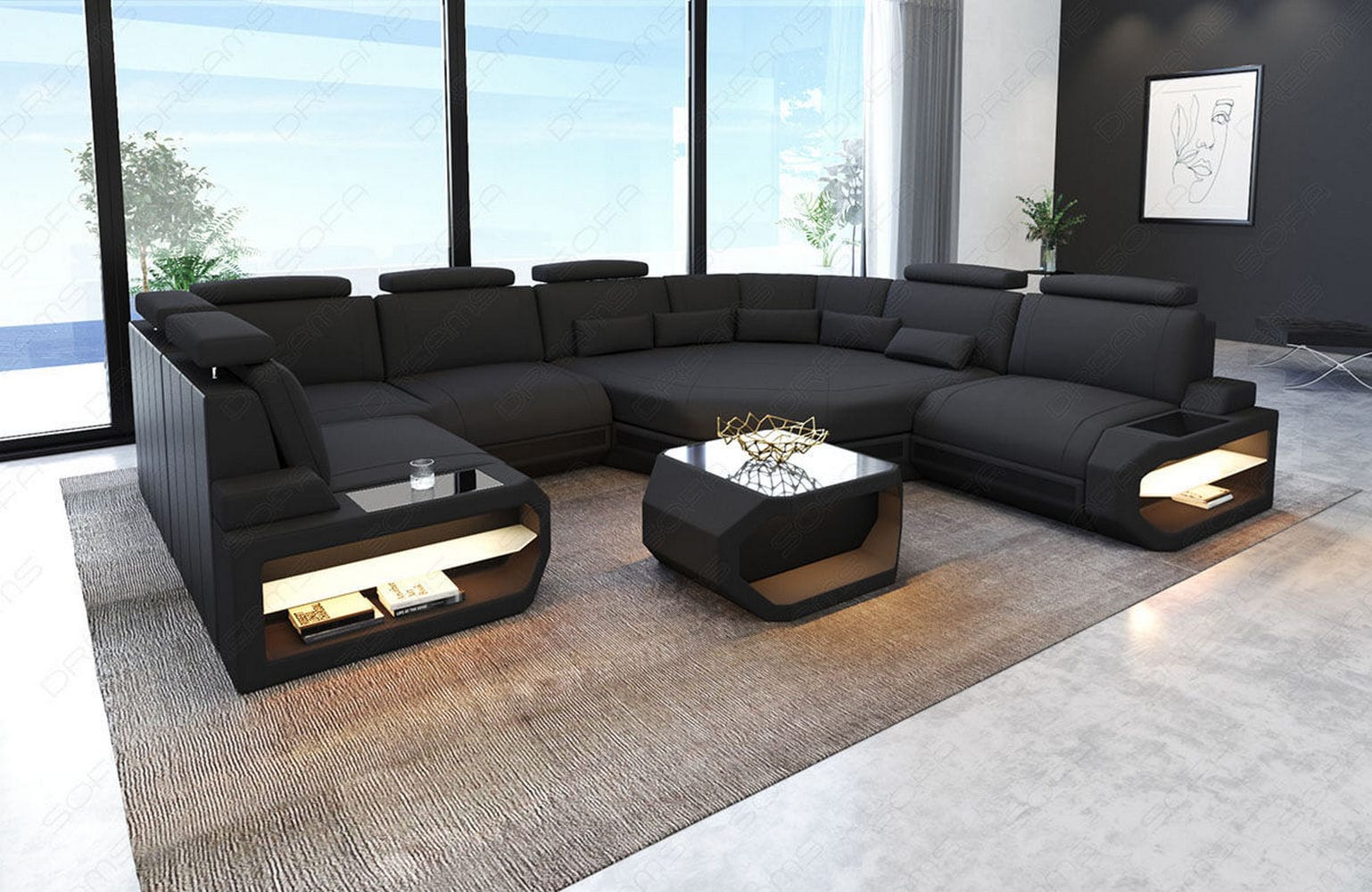 Mini Wohnlandschaft Asti U-Form aus Stoff Dunkelgrau-Schwarz