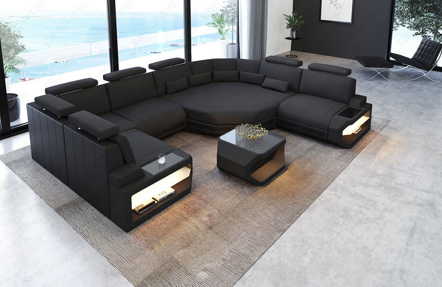 Mini Wohnlandschaft Asti U-Form aus Stoff Dunkelgrau-Schwarz