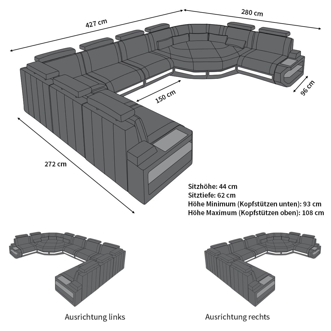 Polster Wohnlandschaft Asti U Form – Komfort und Stil Grau-Schwarz