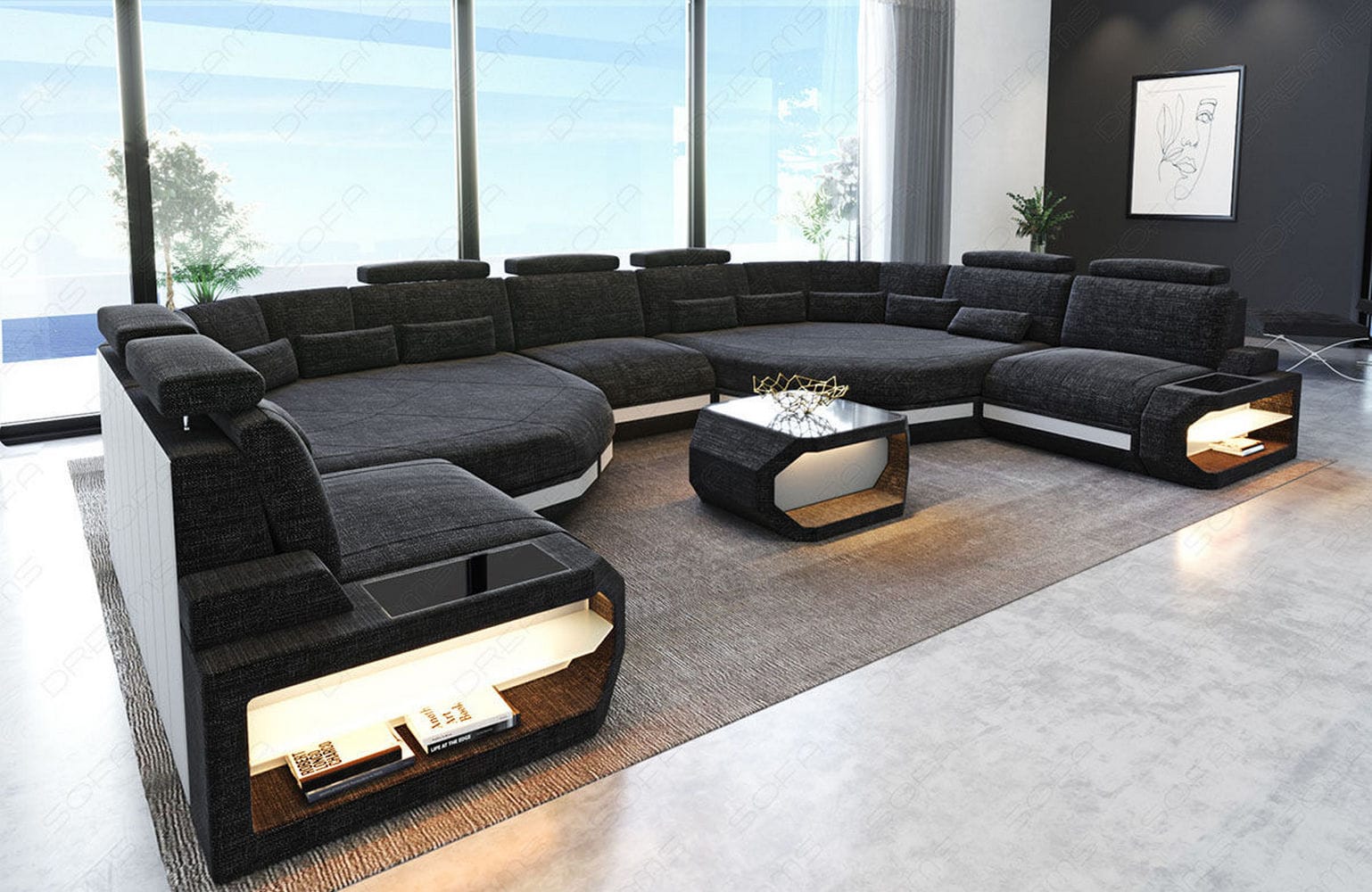 Stoff Wohnlandschaft Asti XXL – Komfort & Design Schwarzgrau-Weiß