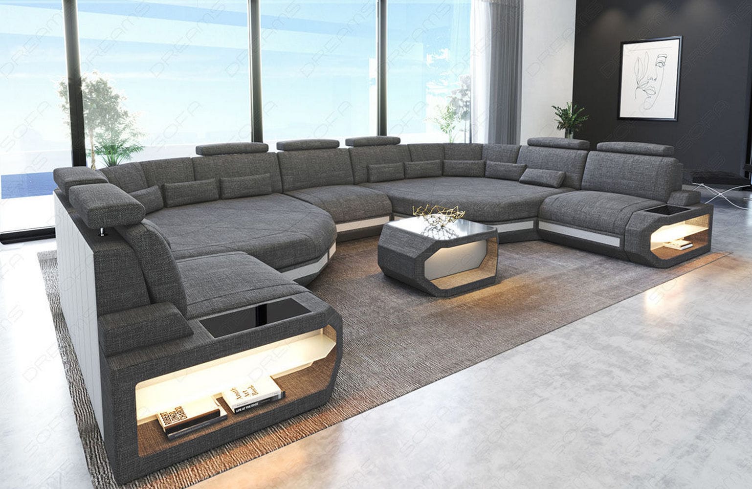 Stoff Wohnlandschaft Asti XXL – Komfort & Design Grau-Weiß