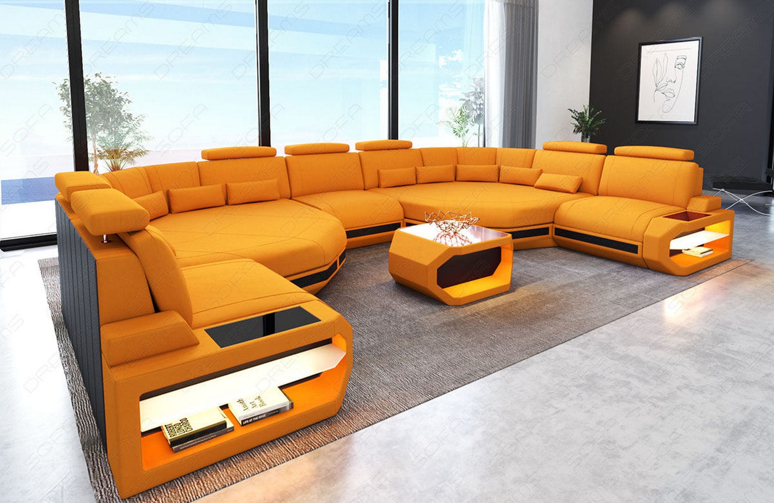 Stoff Wohnlandschaft Asti XXL – Komfort & Design Apricot-Schwarz
