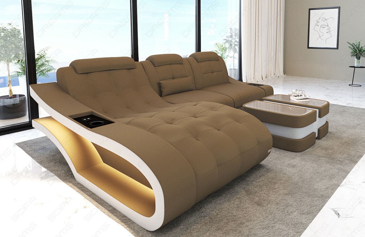 Ecksofa Elegante – Stoff & Komfort Cappuccino-Weiß