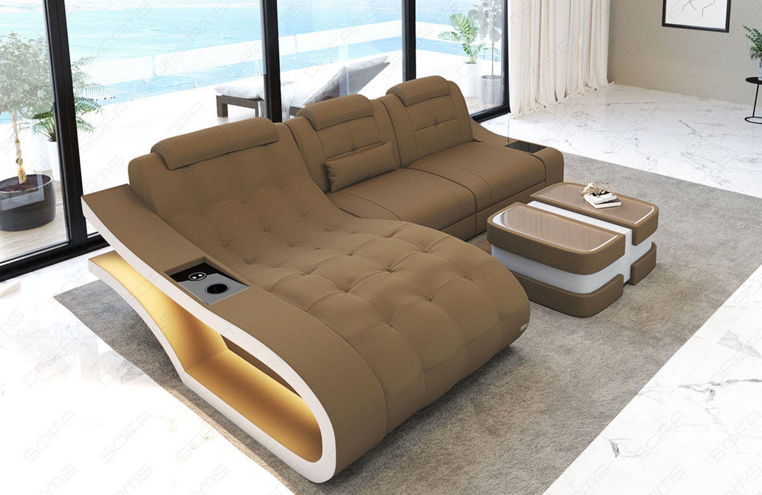 Ecksofa Elegante – Stoff & Komfort Cappuccino-Weiß