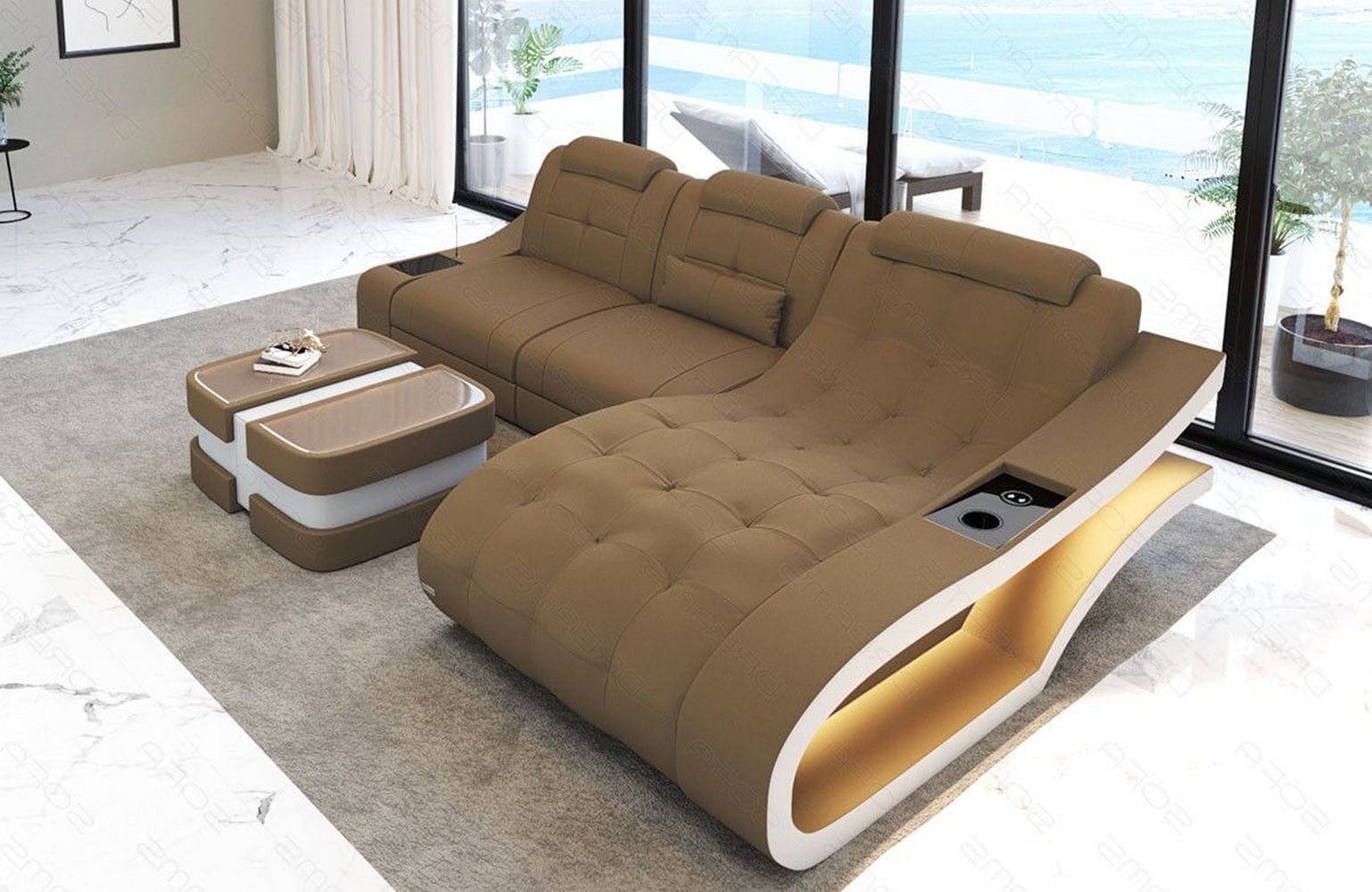 Ecksofa Elegante – Stoff & Komfort Cappuccino-Weiß