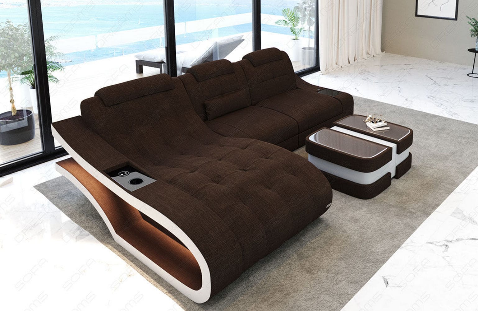 Ecksofa Elegante – Stoff & Komfort Braun-Weiß