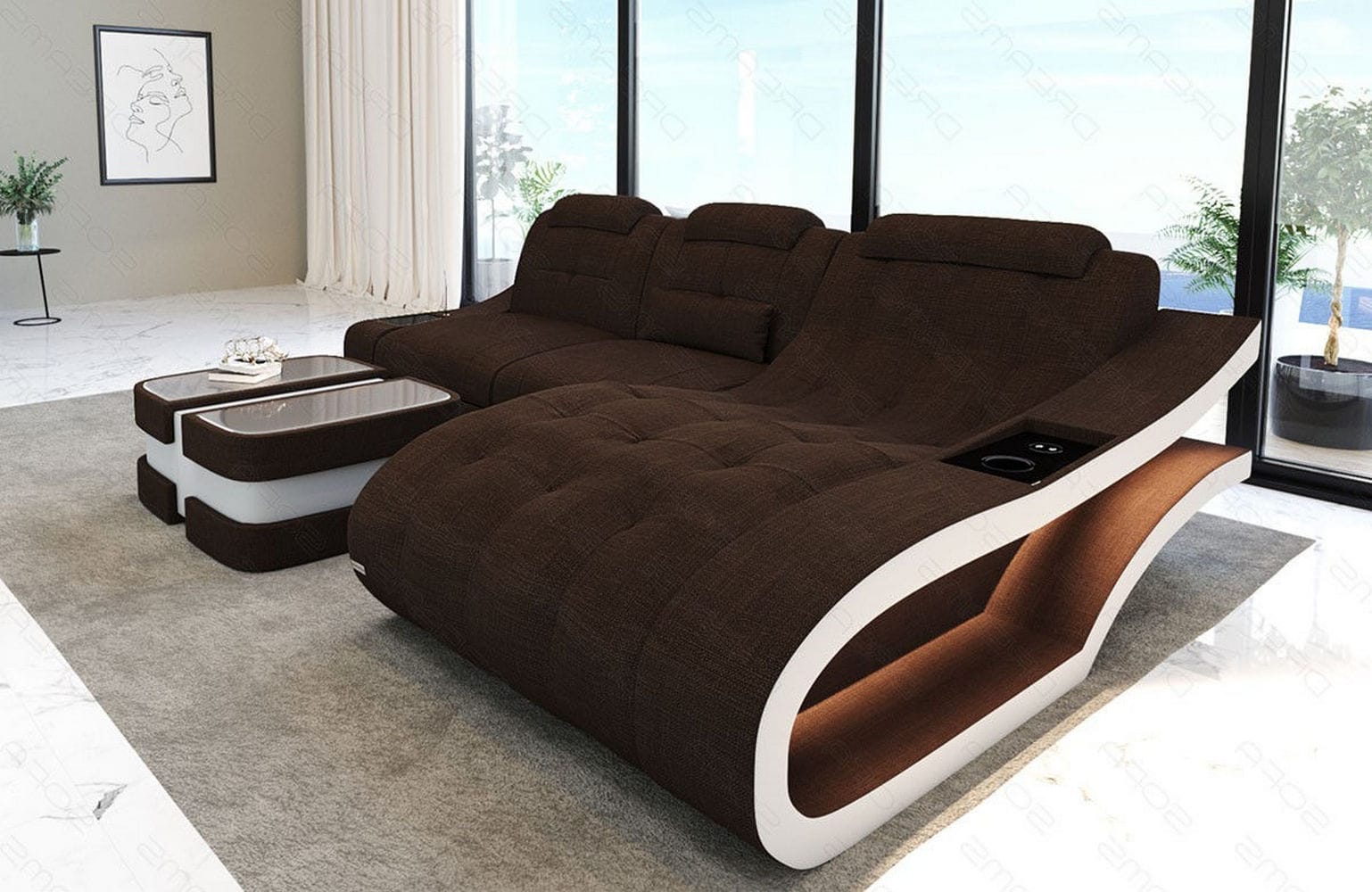 Ecksofa Elegante – Stoff & Komfort Braun-Weiß