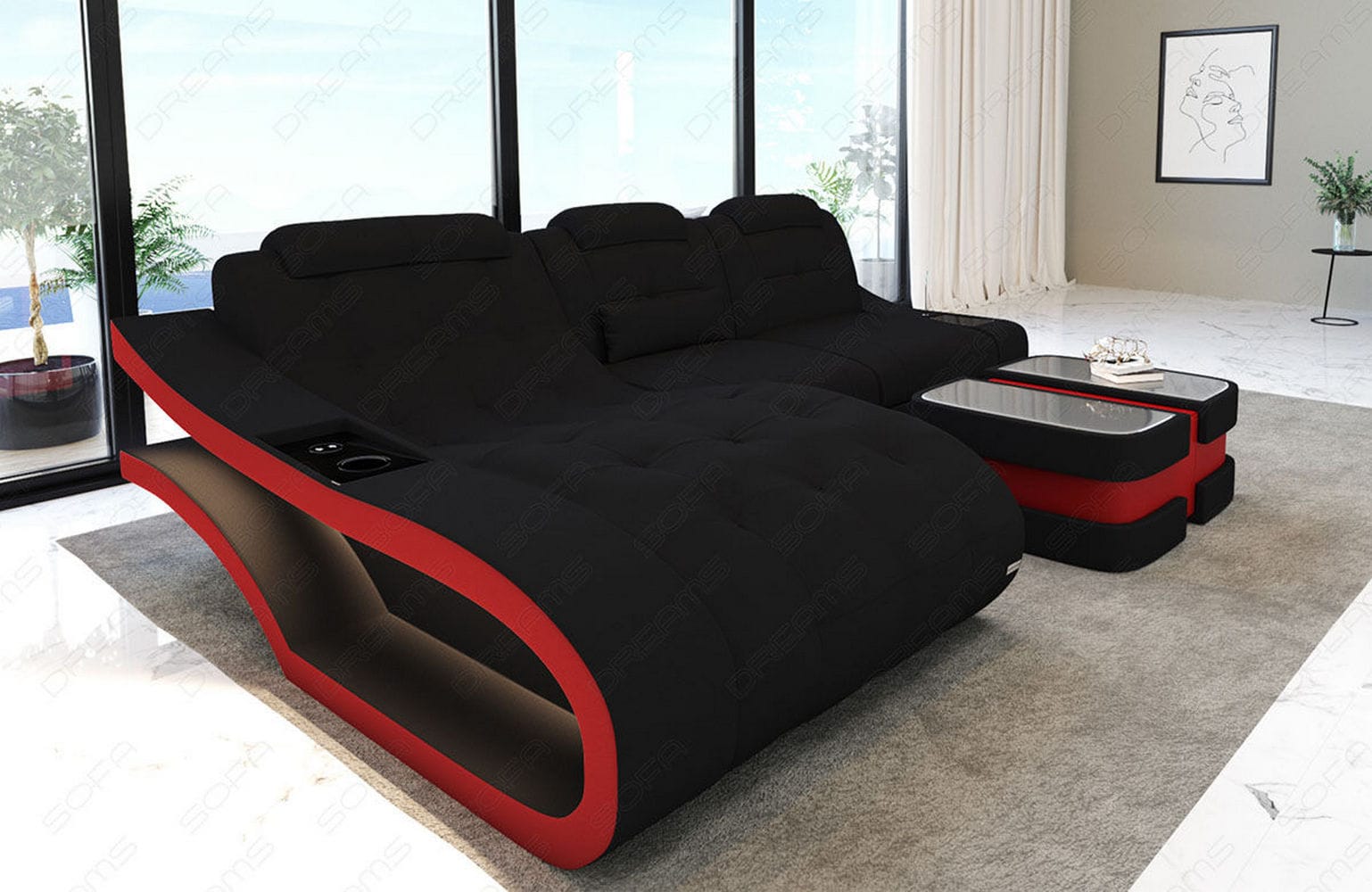 Ecksofa Elegante – Stoff & Komfort Schwarz-Rot