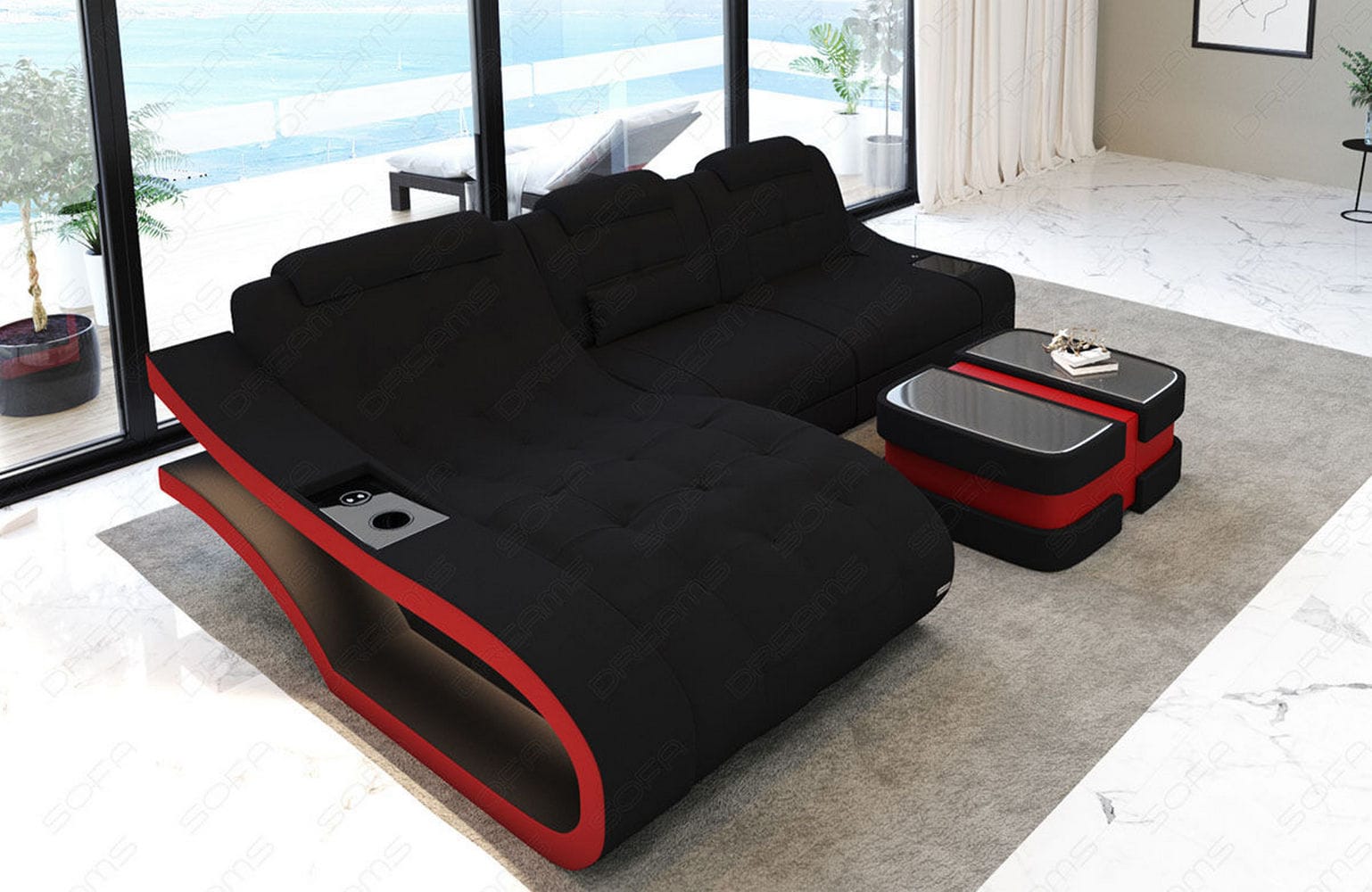 Ecksofa Elegante – Stoff & Komfort Schwarz-Rot