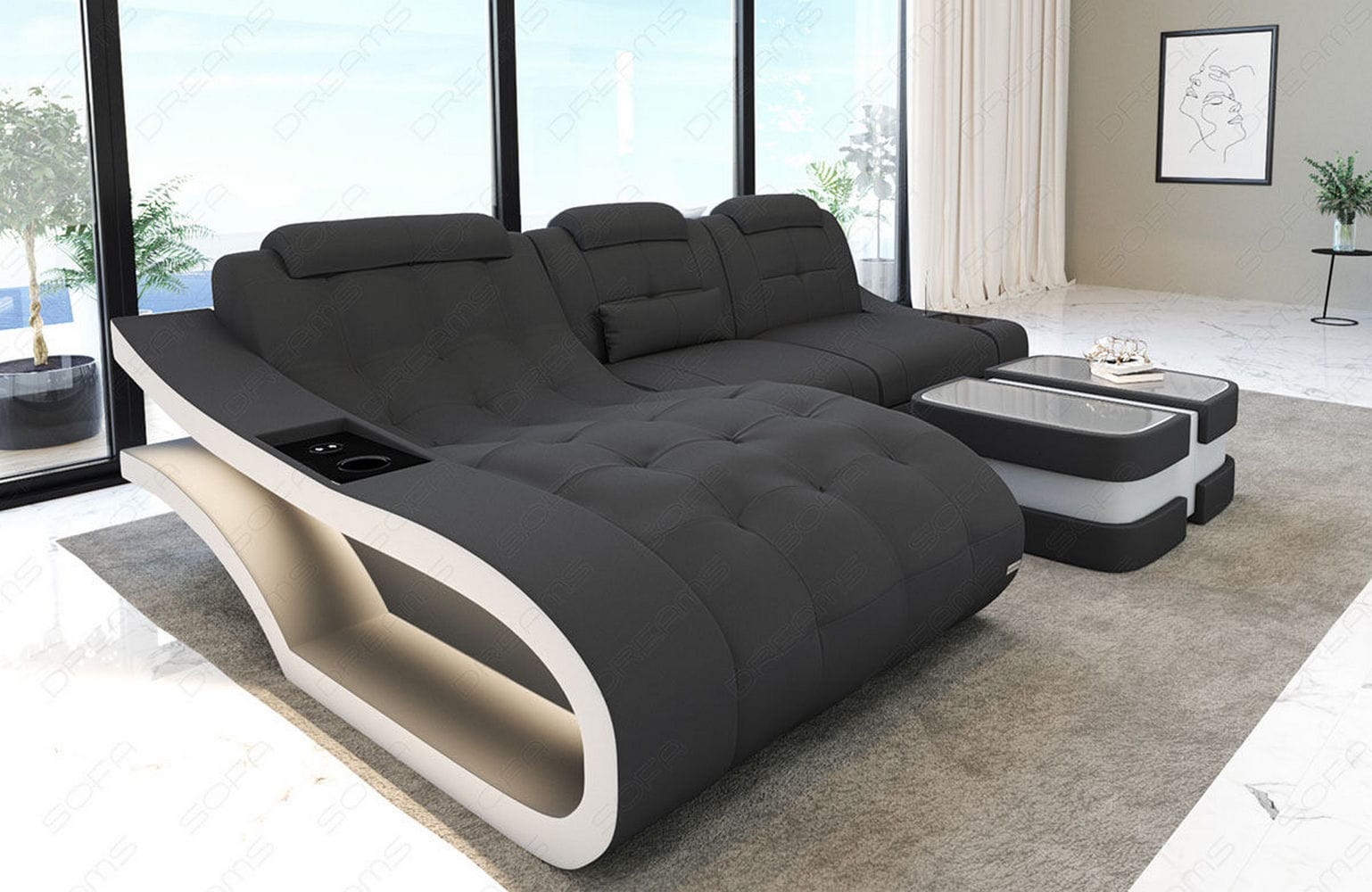 Couch Modell L Form Stoff Grau-Weiß