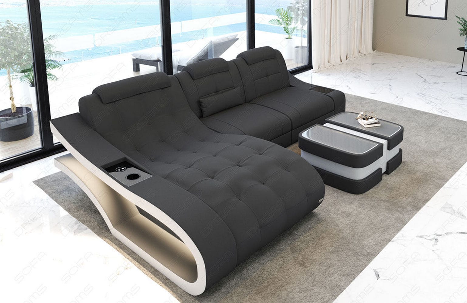 Couch Modell L Form Stoff Grau-Weiß