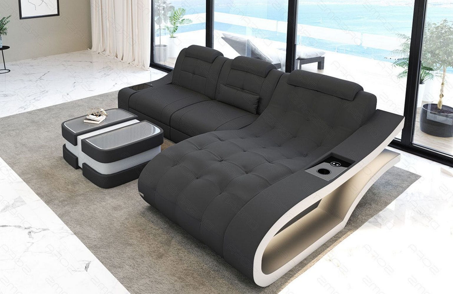 Ecksofa Elegante – Stoff & Komfort Grau-Weiß