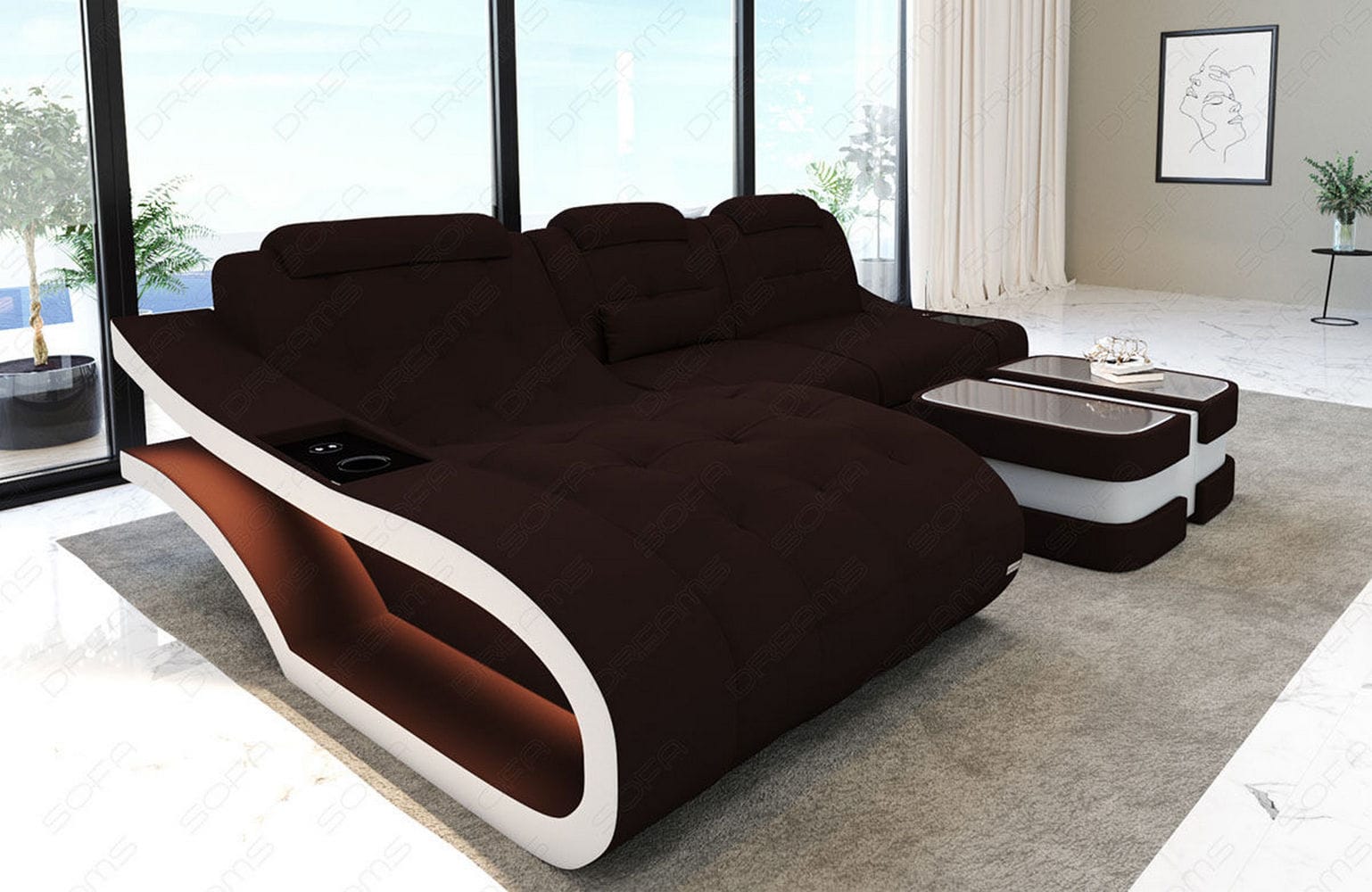 Ecksofa Elegante – Stoff & Komfort Mokka-Weiß