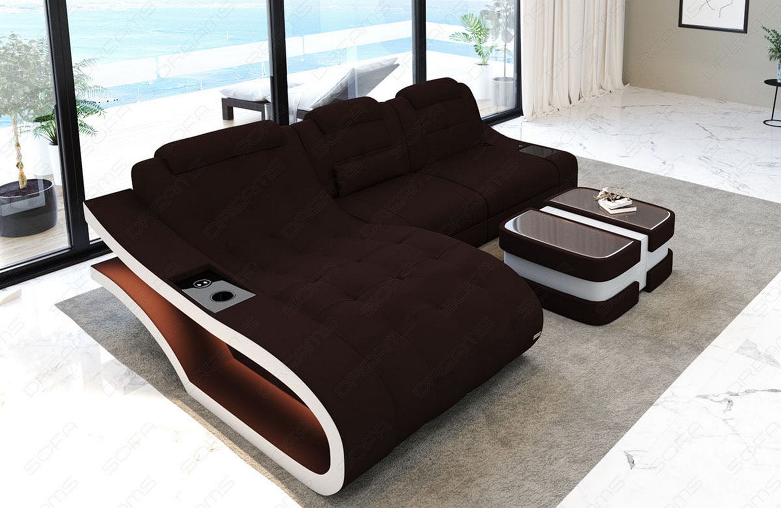 Ecksofa Elegante – Stoff & Komfort Mokka-Weiß