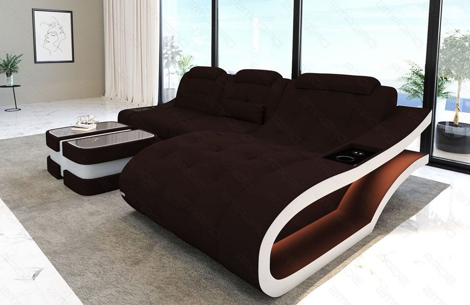 Couch Modell L Form Stoff Mokka-Weiß