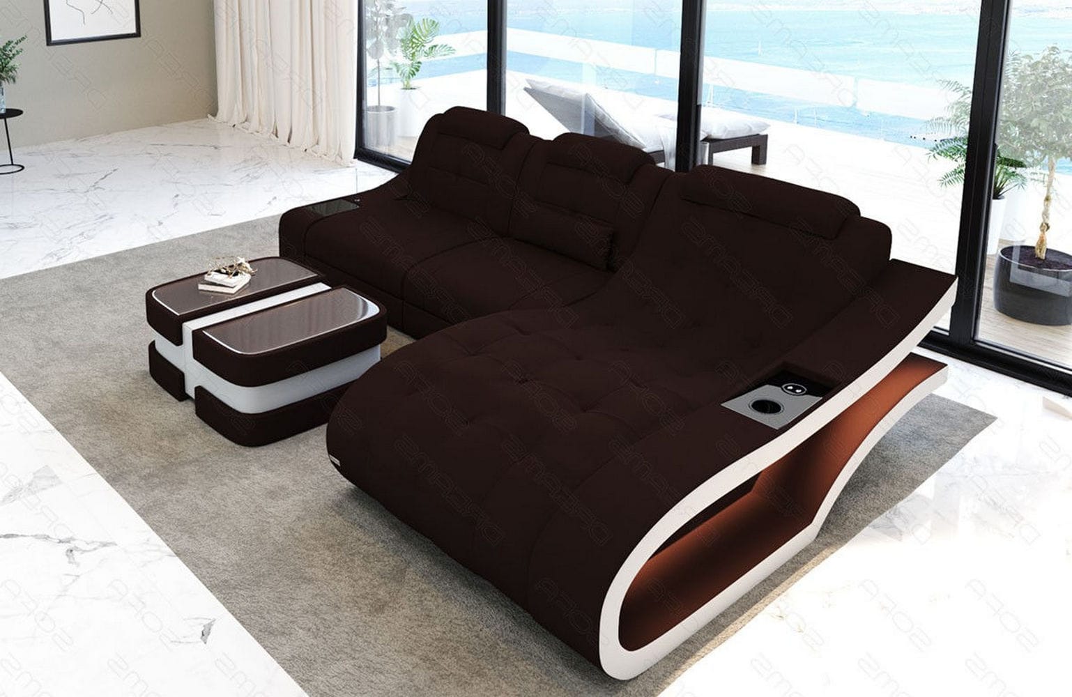 Couch Modell L Form Stoff Mokka-Weiß