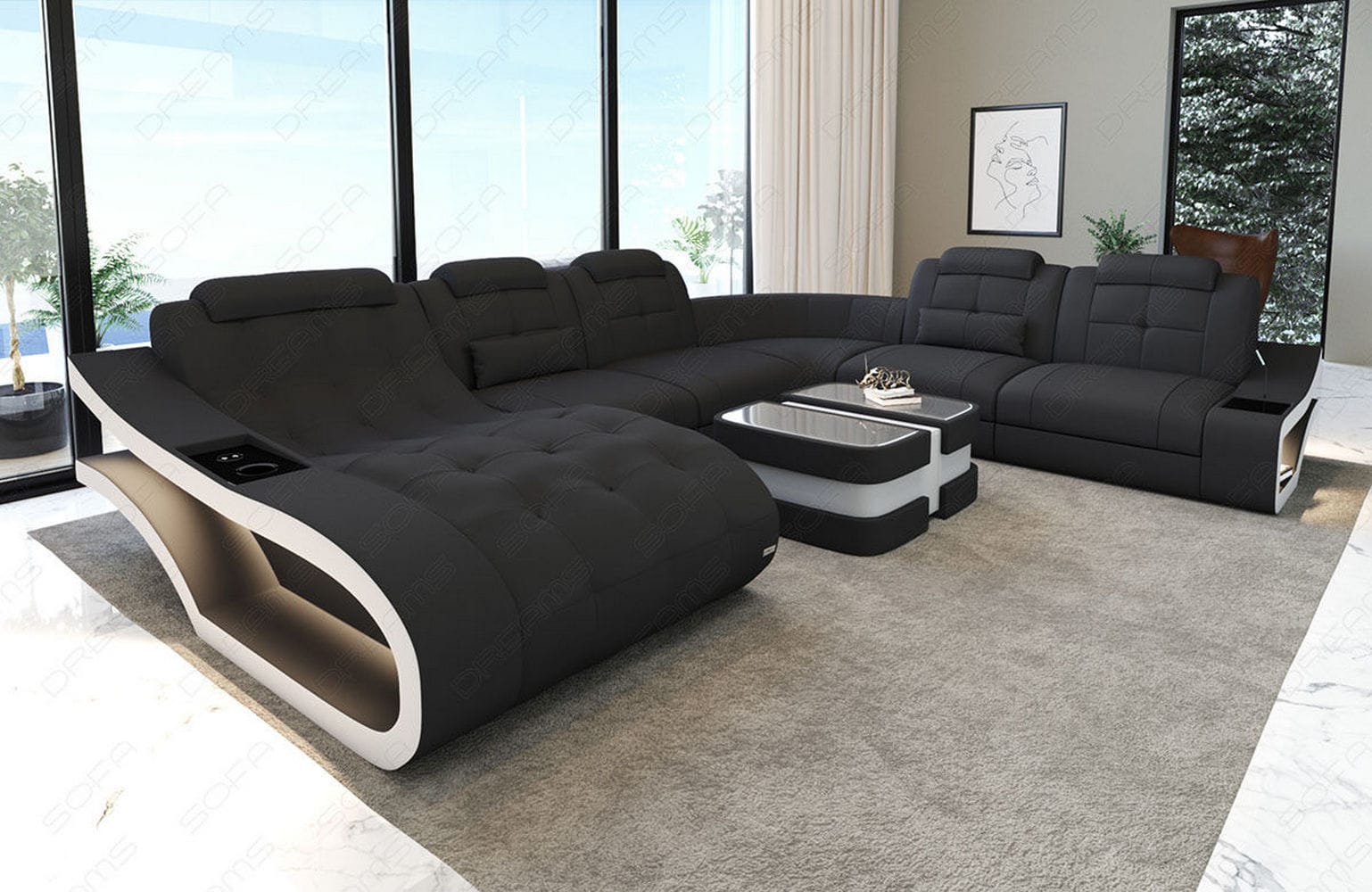 Stoff Wohnlandschaft Elegante XXL – Komfort Dunkelgrau-Weiß