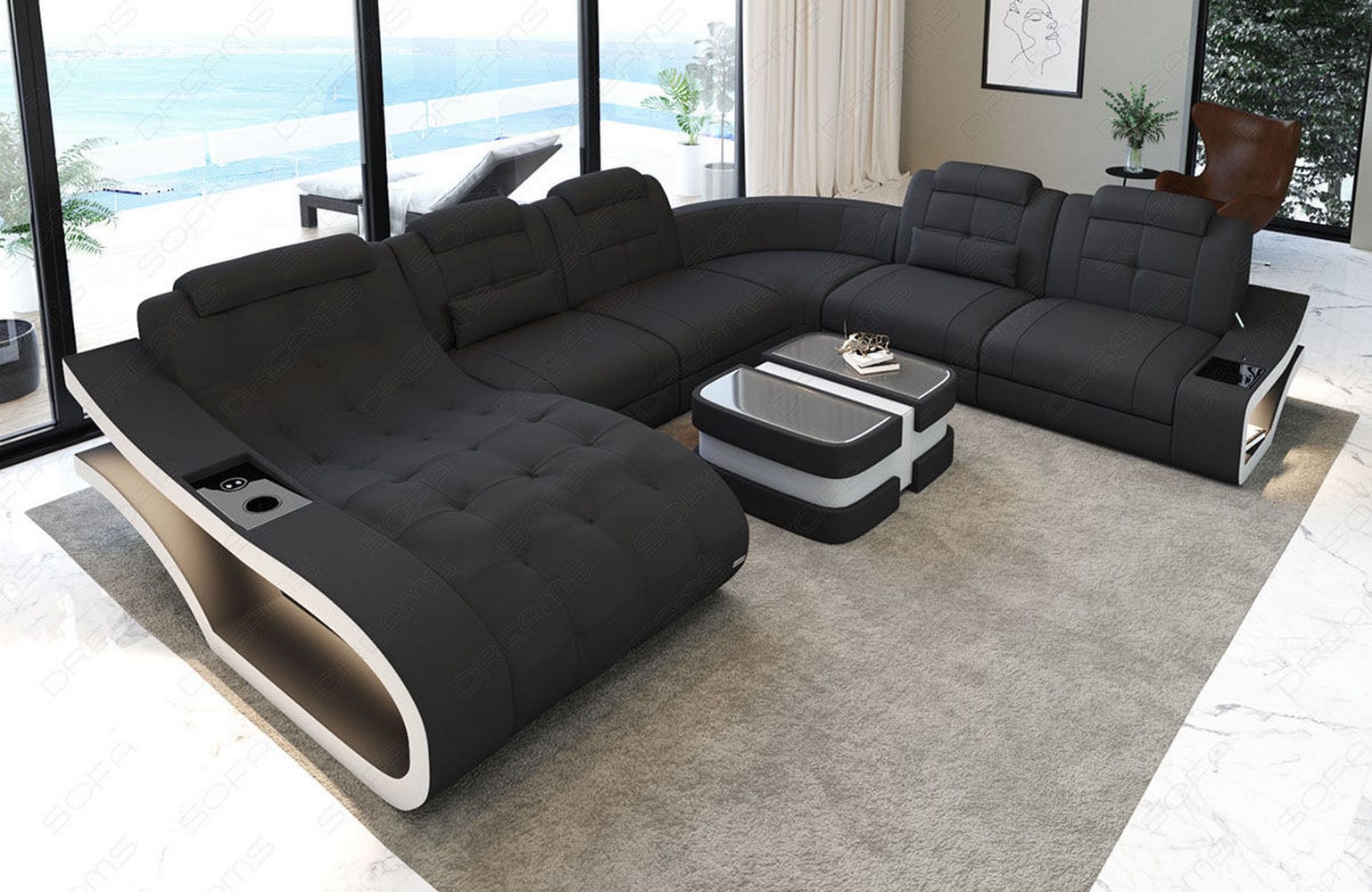 Stoff Wohnlandschaft Elegante XXL – Komfort Dunkelgrau-Weiß