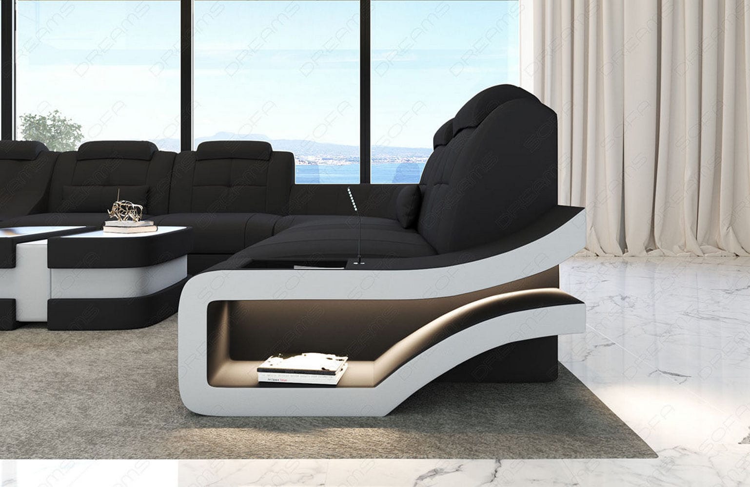 Stoff Wohnlandschaft Elegante XXL – Komfort Dunkelgrau-Weiß