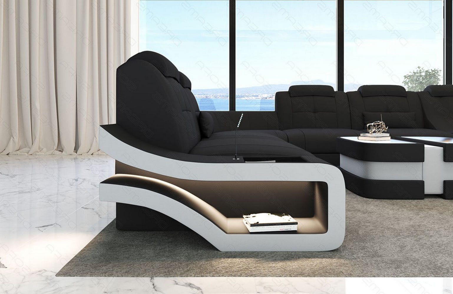 Stoff Wohnlandschaft Elegante XXL – Komfort Dunkelgrau-Weiß