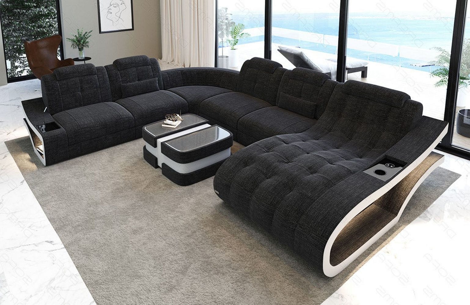 Stoff Wohnlandschaft Elegante XXL – Komfort Schwarzgrau-Weiß