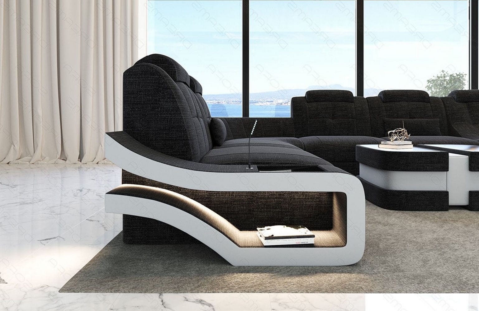 Stoff Wohnlandschaft Elegante XXL – Komfort Schwarzgrau-Weiß