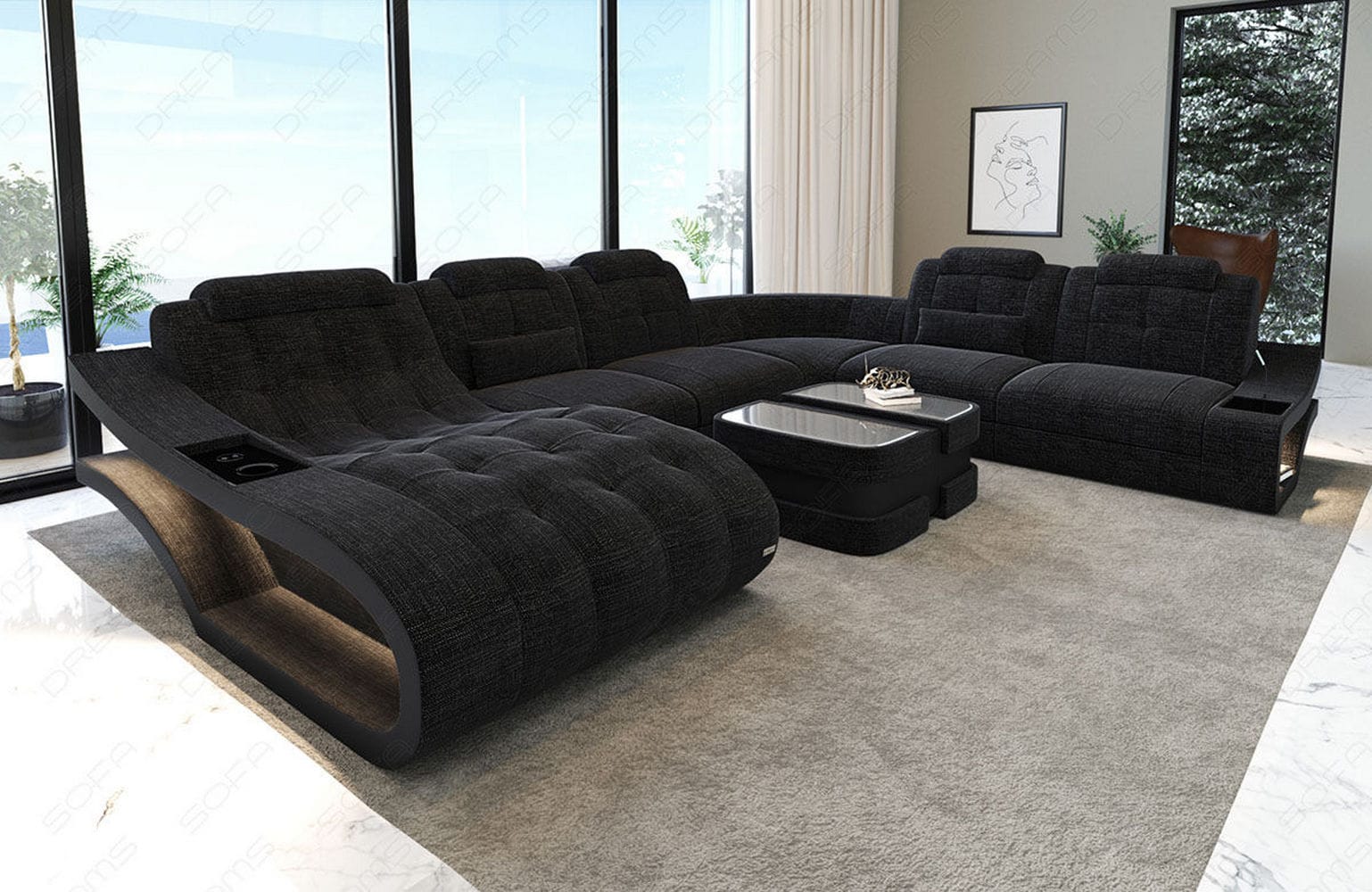 Stoff Wohnlandschaft Elegante XXL – Komfort Dunkelgrau-Schwarz