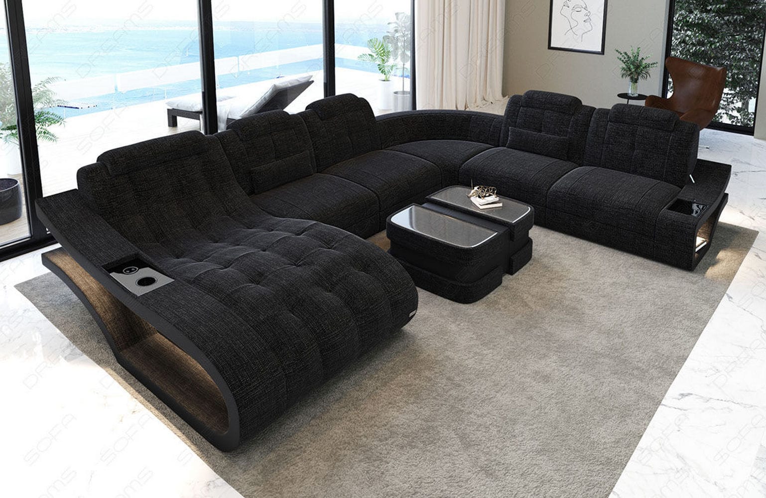 Stoff Wohnlandschaft Elegante XXL – Komfort Dunkelgrau-Schwarz