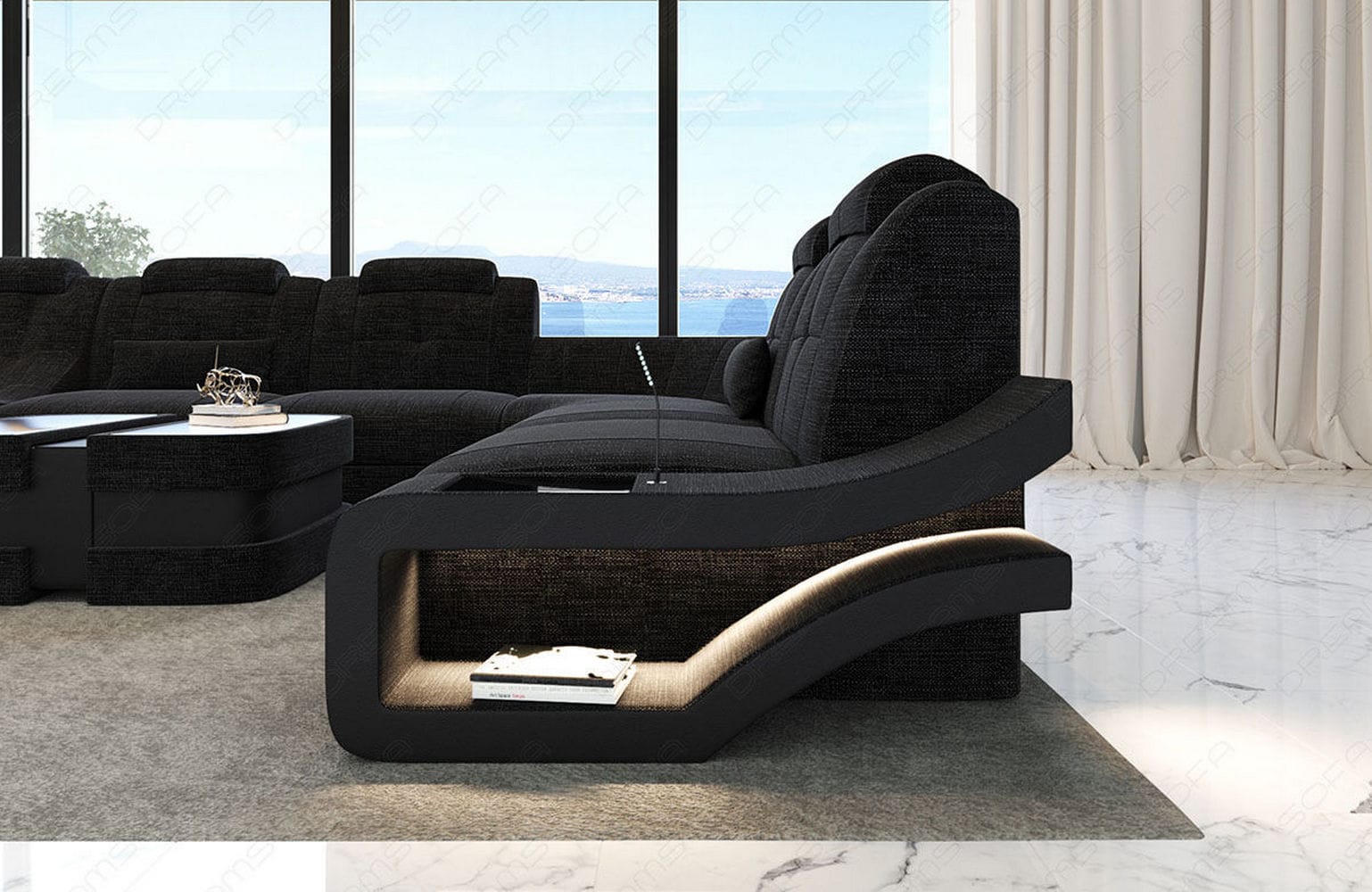 Stoff Wohnlandschaft Elegante XXL – Komfort Dunkelgrau-Schwarz