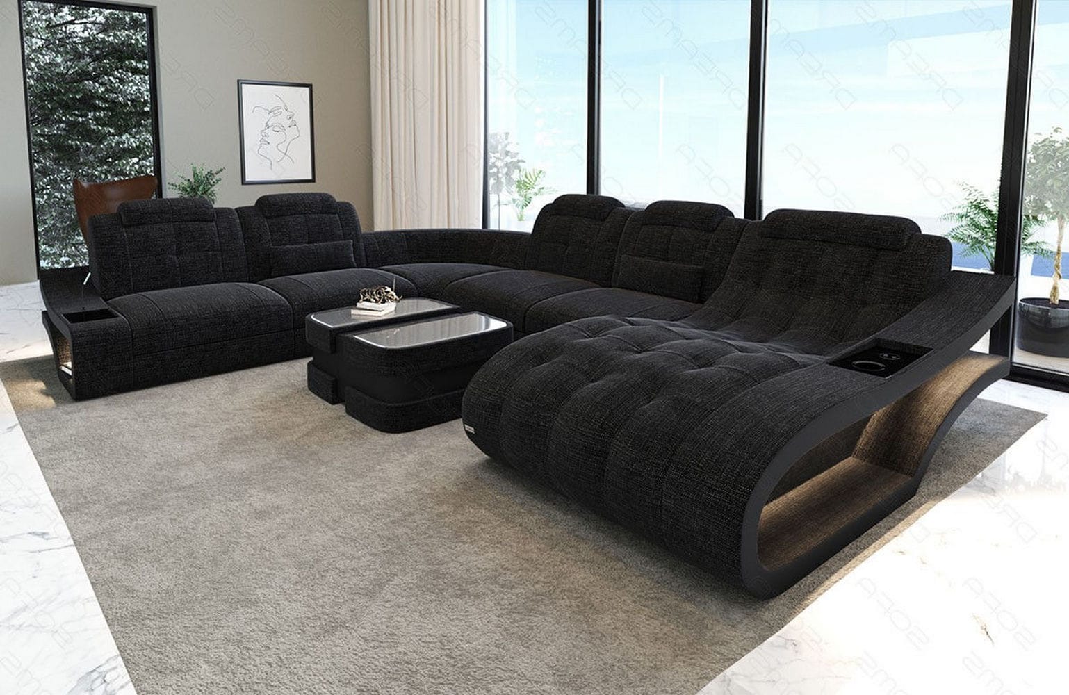 Stoff Wohnlandschaft Elegante XXL – Komfort Dunkelgrau-Schwarz